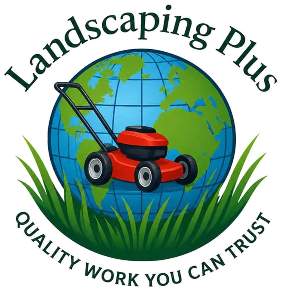 Landscaping Plus logo: a red lawn mower on a globe in tall grass, Quality Work You Can Trust